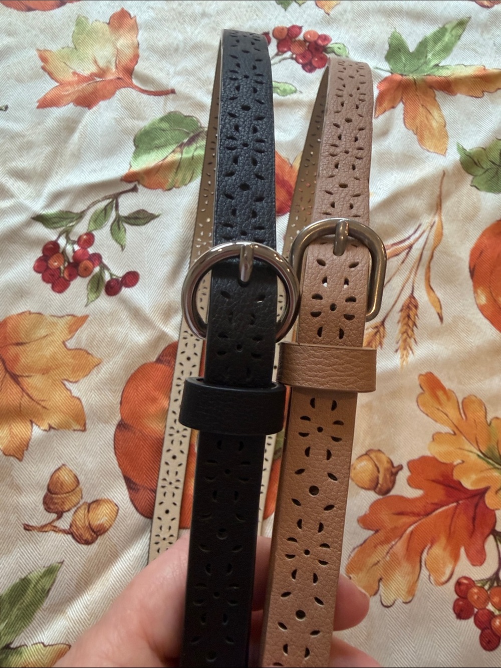 Women’s set of 2 Floral-Perforated Leather Belt - Black and Tan small (28-32) in